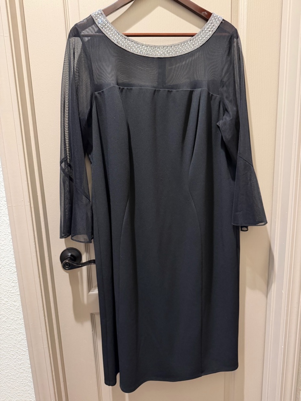 Alex Evenings Black Long Sleeve Mesh Dress with Beaded Collar